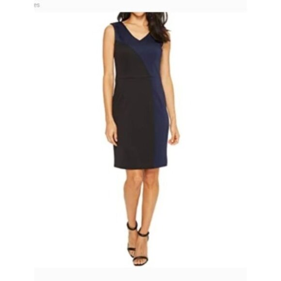 Ellen Tracy Sleeveless Color Block Sheath Dress Size 8 Navy Black scuba knit - Picture 1 of 14
